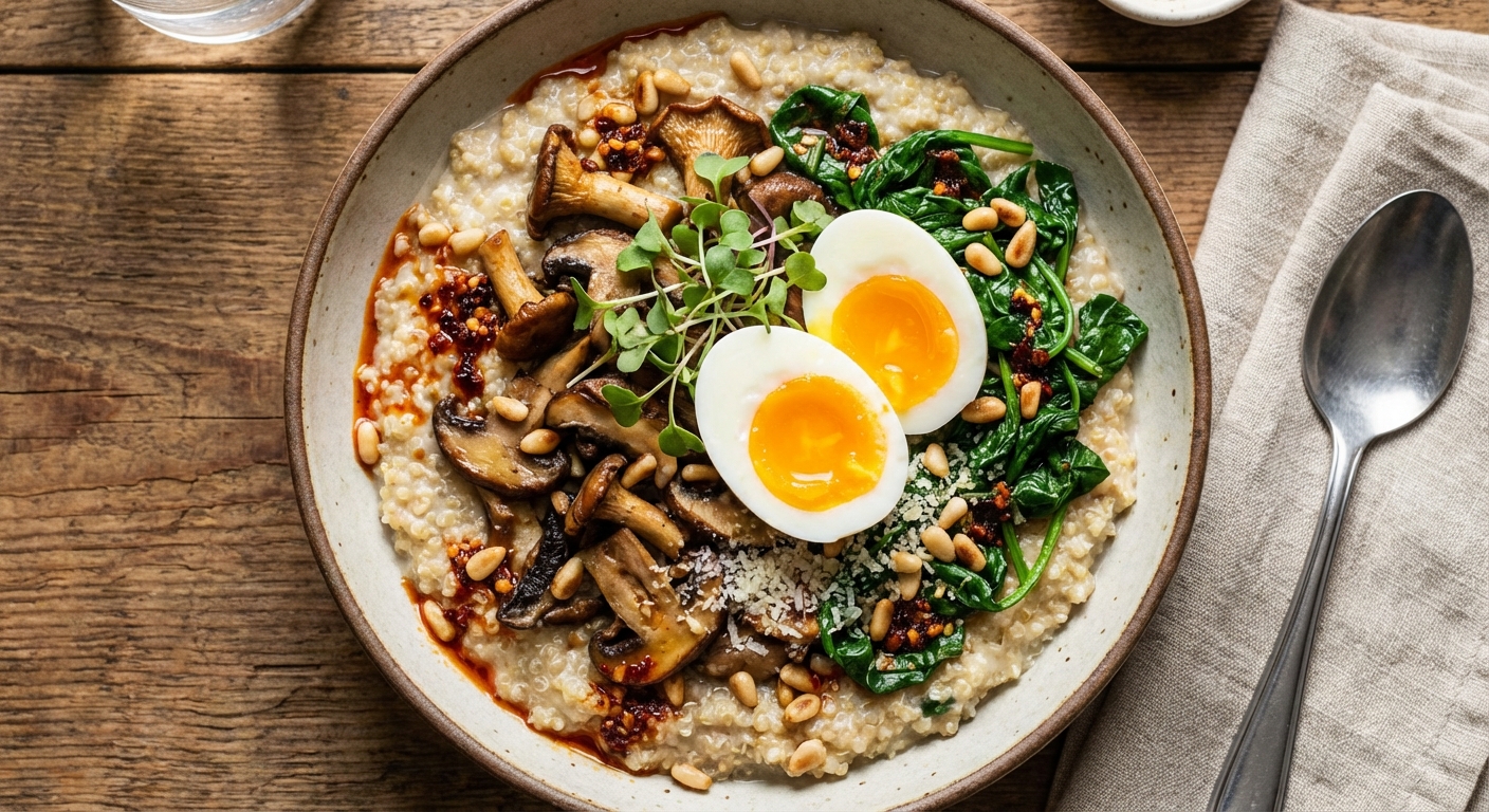 Savory Quinoa Porridge with Mushrooms, Spinach & Soft-Boiled Eggs