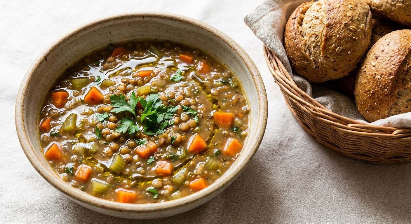 Lentil Soup with Carrots & Celery, Side of Whole-Grain Rolls