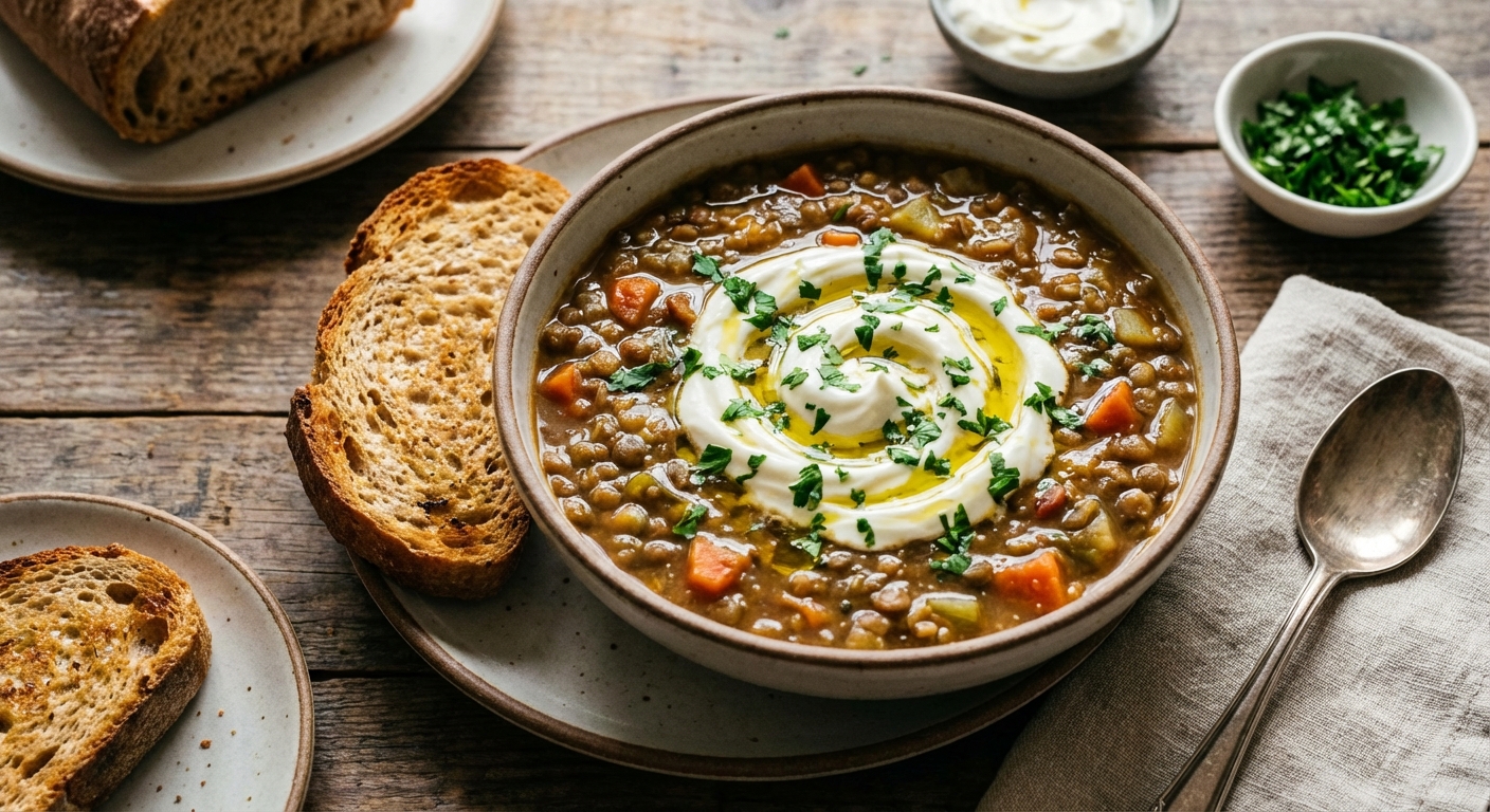 Hearty Lentil Soup with Whole Wheat Baguette