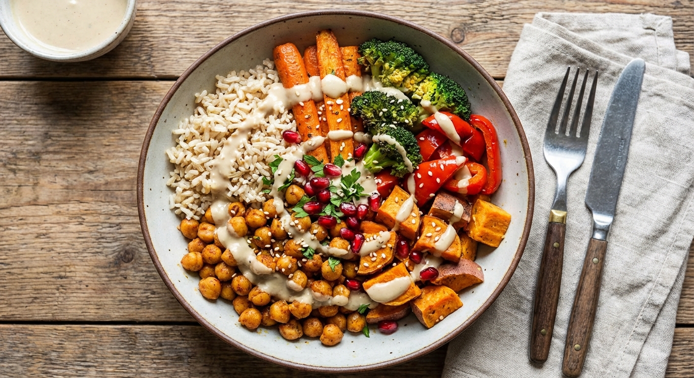 Chickpea & Roasted Vegetable Buddha Bowl with Brown Rice & Tahini Dressing