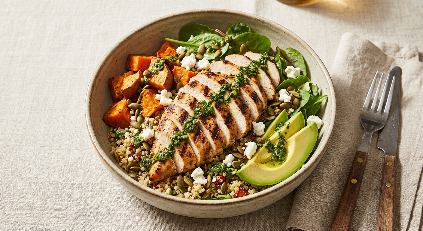 Grilled Chicken & Quinoa Salad with Roasted Sweet Potato and Avocado