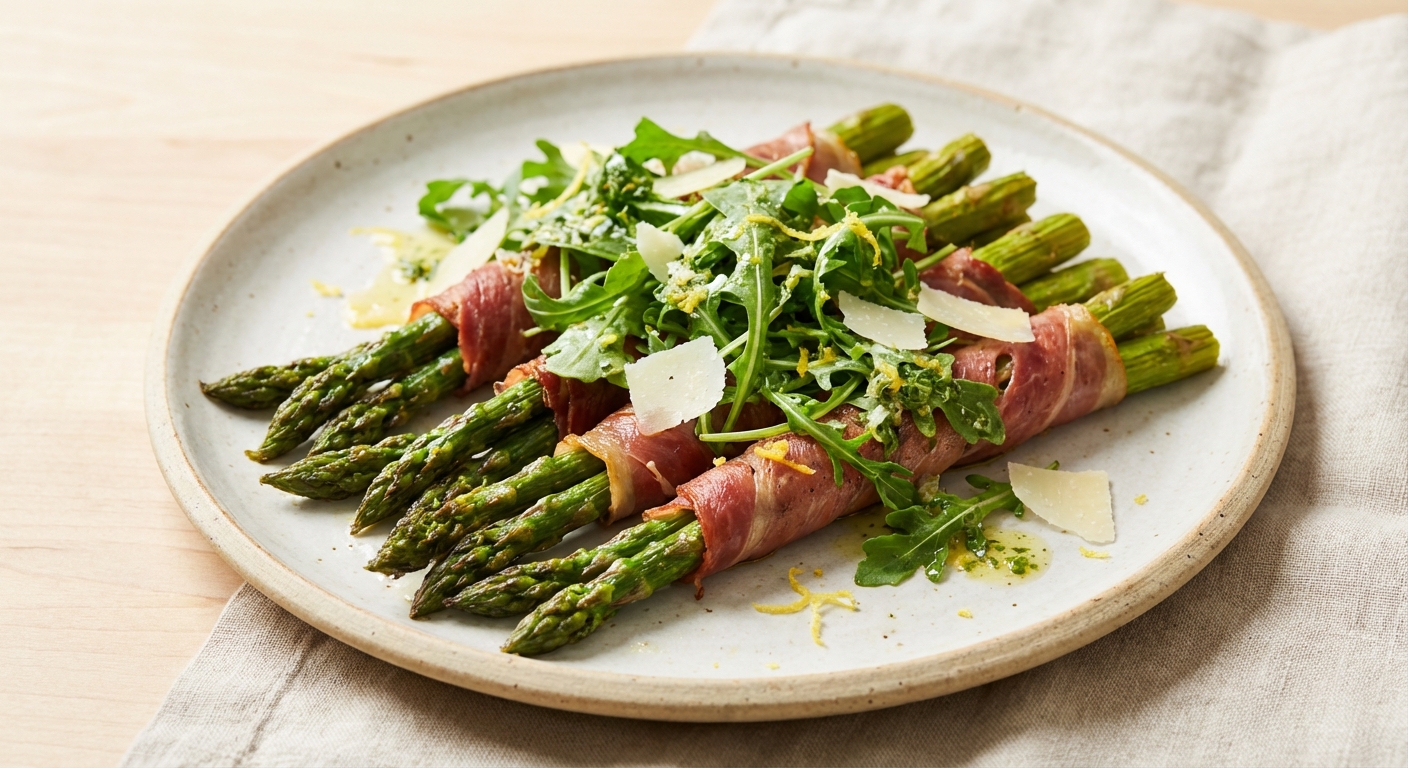 Prosciutto-Wrapped Asparagus with Arugula Lemon Vinaigrette