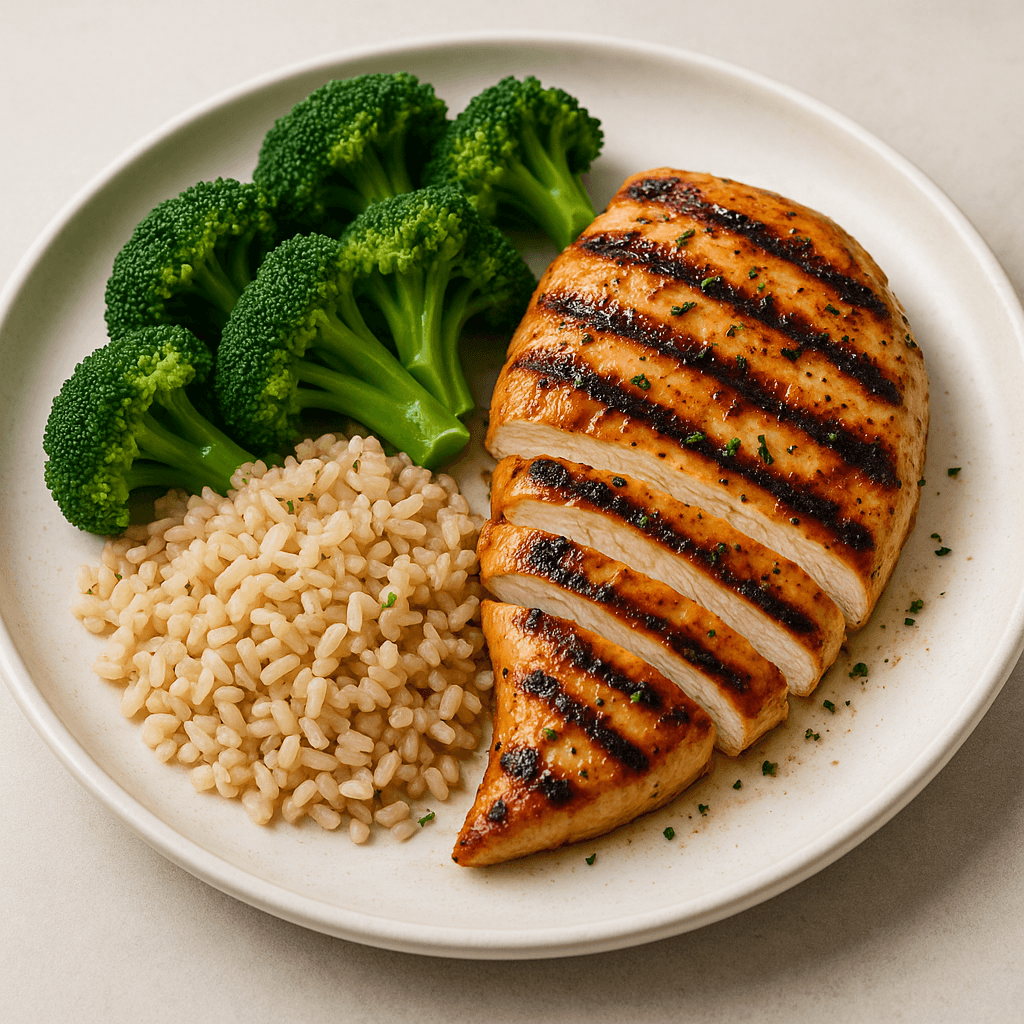 Grilled Chicken with Steamed Broccoli and Brown Rice