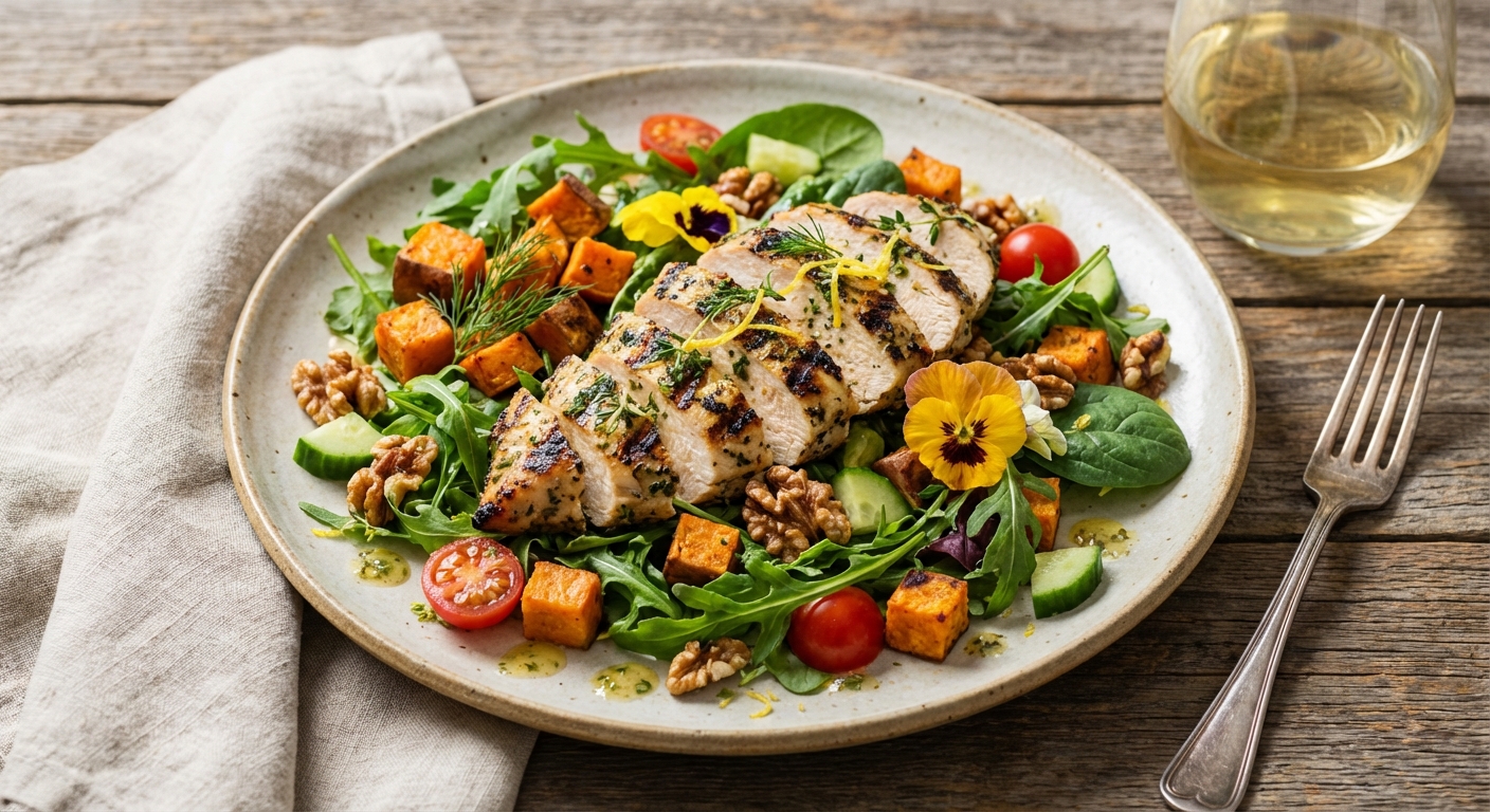 Grilled Lemon-Herb Chicken Salad with Roasted Sweet Potato & Walnuts