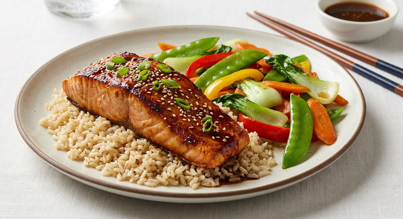Ginger-Sesame Salmon with Brown Rice & Stir-Fried Vegetables