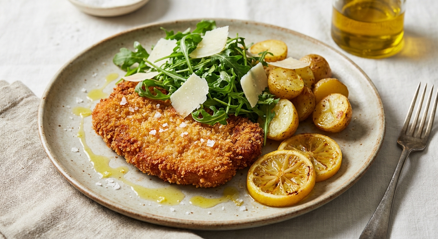Crispy Pork Milanese with Arugula, Shaved Parmesan & Lemon-Roasted New Potatoes