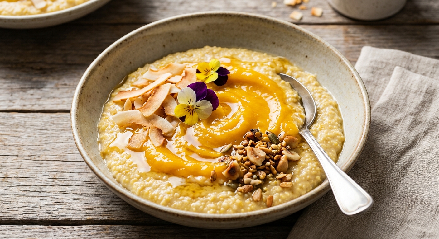 Warm Millet Porridge with Toasted Coconut & Mango Compote