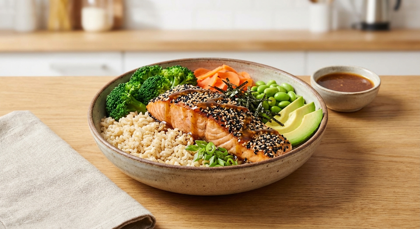 Sesame Salmon Bowl with Brown Rice & Steamed Broccoli