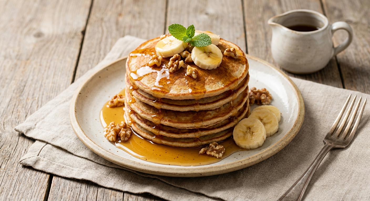 Banana-Oat Pancakes with Maple Syrup & Walnuts