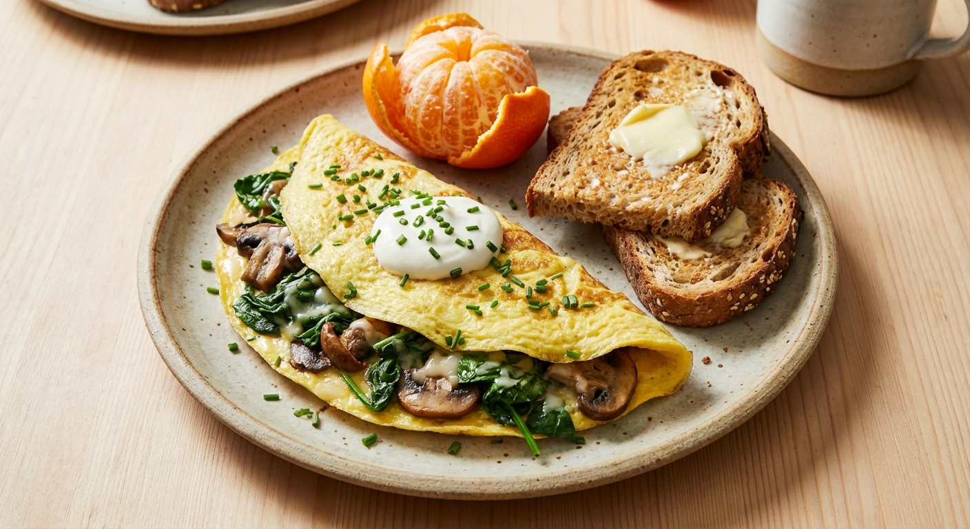 Spinach & Mushroom Omelette with Whole-grain Toast and Clementine