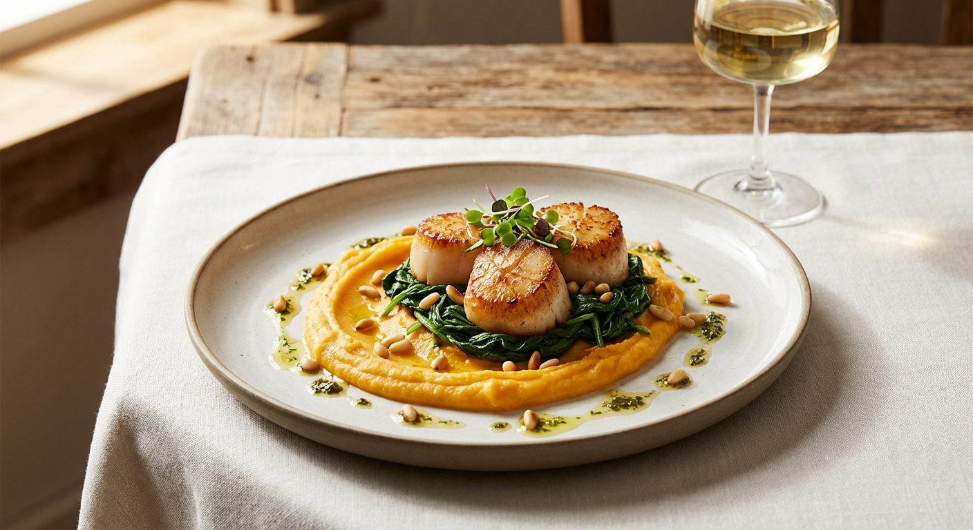 Seared Scallops with Garlic Spinach and Butternut Mash