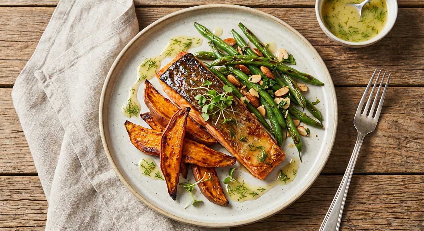 Baked Salmon with Roasted Sweet Potato & Green Beans