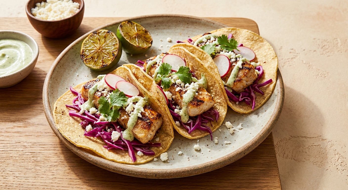 Chipotle-Grilled Mahi Mahi Tacos with Quick Pickled Cabbage & Lime Crema