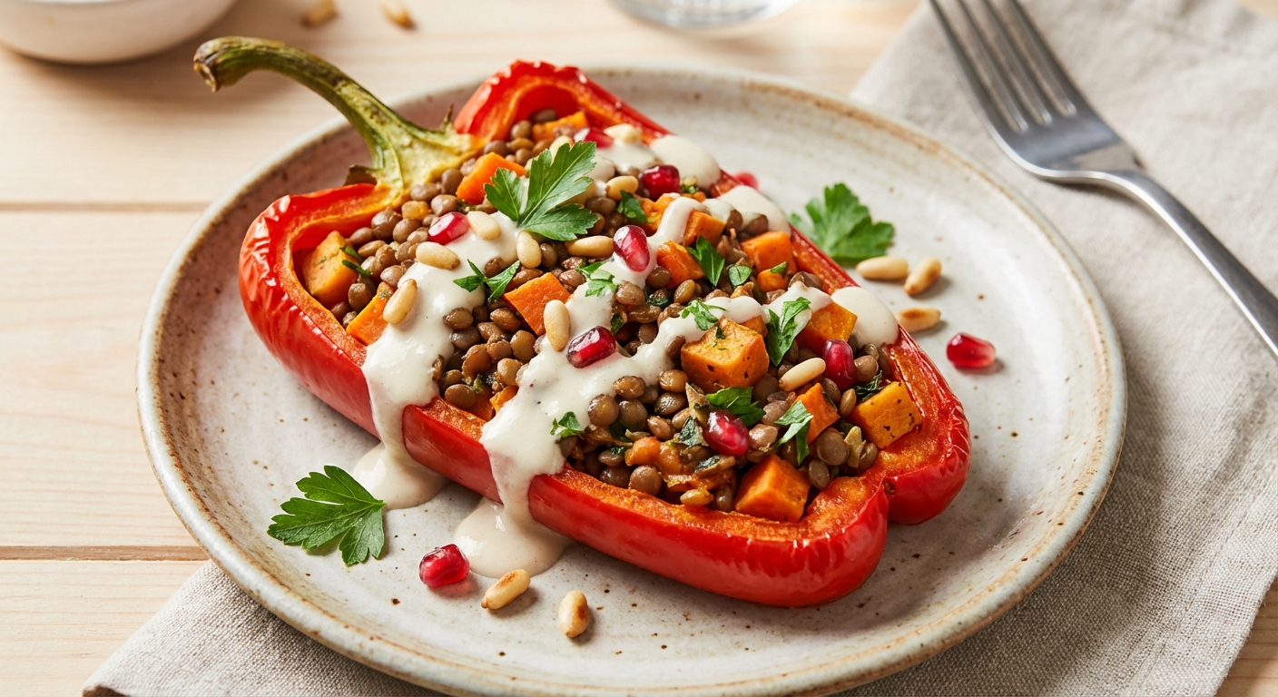Lentil & Roasted Vegetable Stuffed Bell Pepper with Tahini-Greek Yogurt Sauce
