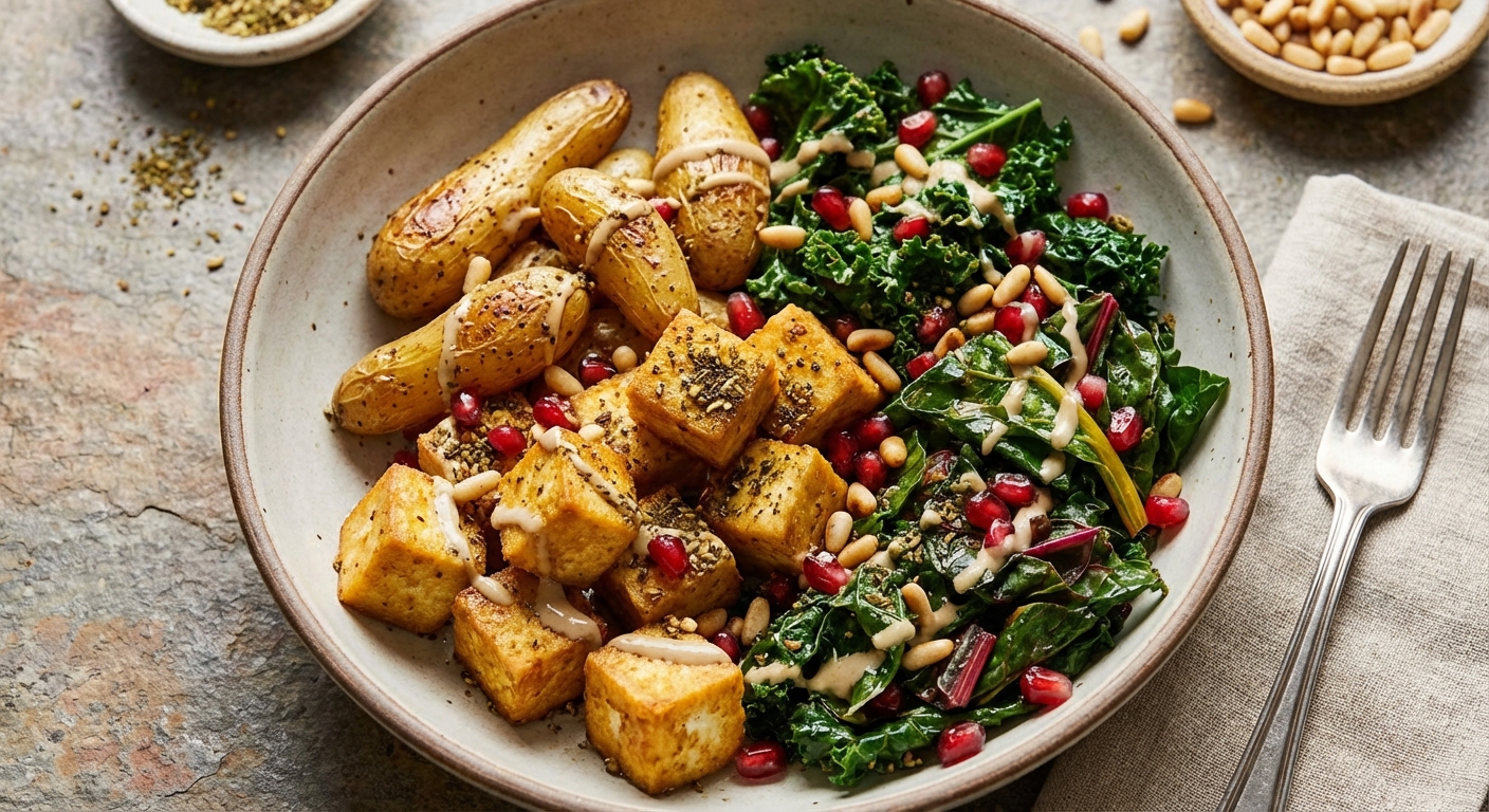 Golden Pan-Fried Tofu & Winter Greens Bowl with Roasted Fingerling Potatoes and Za'atar