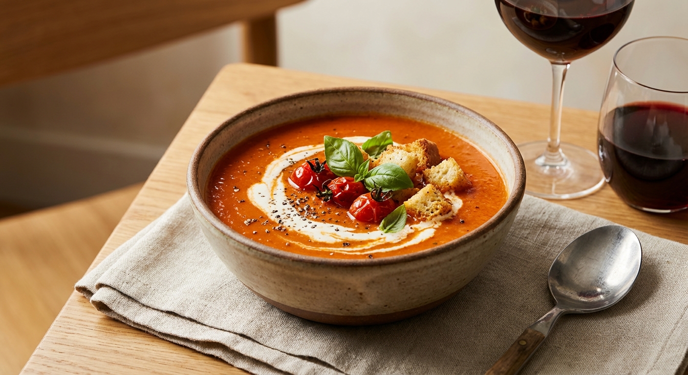 Roasted Tomato-Basil Comfort Soup with a Silky Cream Finish
