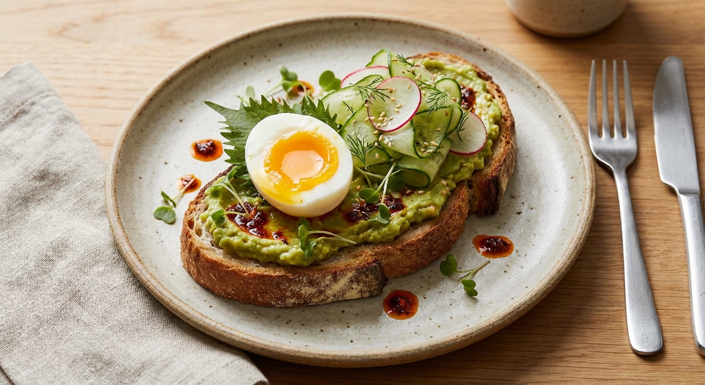 Miso Avocado Toast with Soft‑Boiled Egg & Cucumber Salad