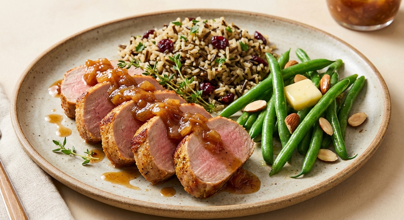 Seared Pork Tenderloin with Apple–Onion Chutney, Wild Rice Pilaf and Steamed Green Beans