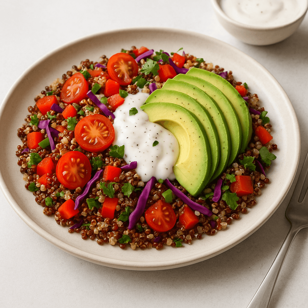Rainbow Quinoa Salad with Avocado and Yogurt Dressing