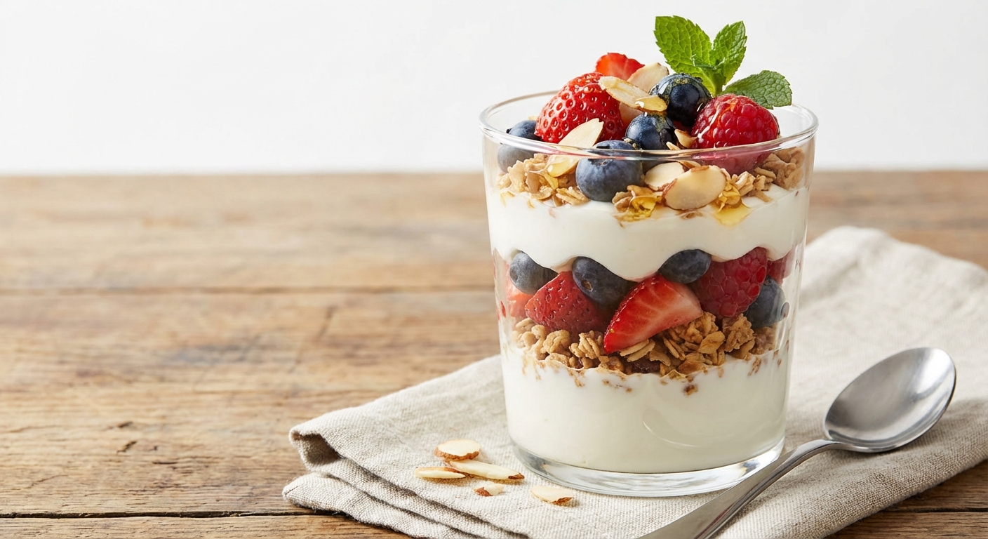 Greek Yogurt Berry Parfait with Granola & Almonds