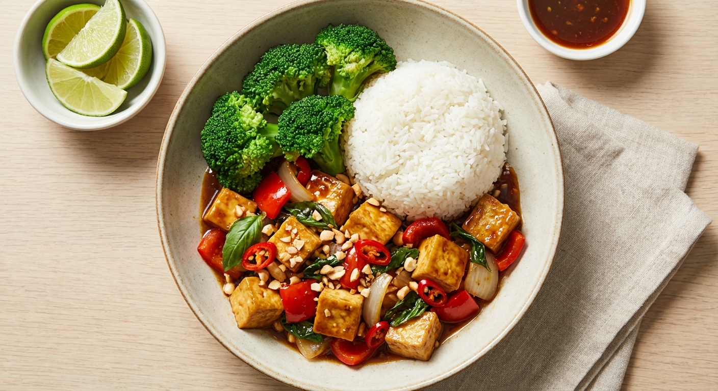 Thai Basil Tofu Stir-Fry with Jasmine Rice & Steamed Broccoli