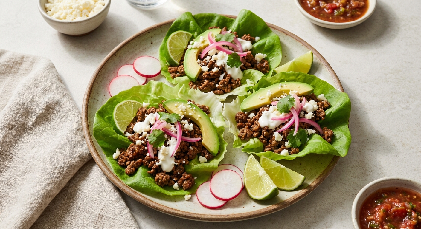Mexican Lettuce Tacos with Spiced Ground Beef & Avocado