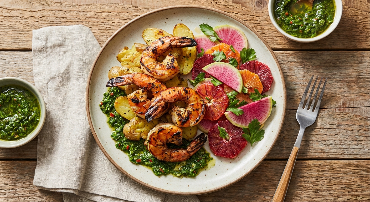 Charcoal-Grilled Shrimp with Parsley-Cilantro Chimichurri, Smashed Fingerling Potatoes & Winter Radish-Orange Salad