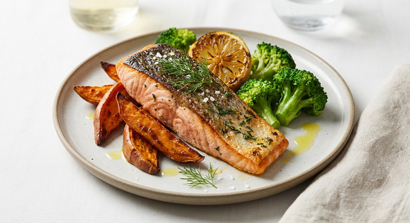 Baked Salmon with Roasted Sweet Potato & Steamed Broccoli