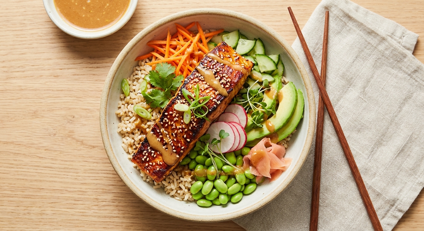 Asian Sesame-Ginger Salmon Bowl with Brown Rice and Edamame
