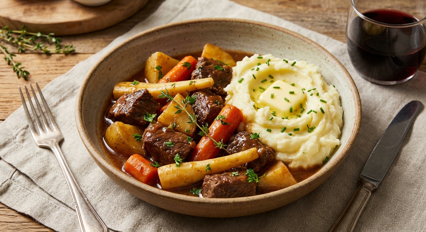 Beef & Root Vegetable Stew with Mashed Potatoes