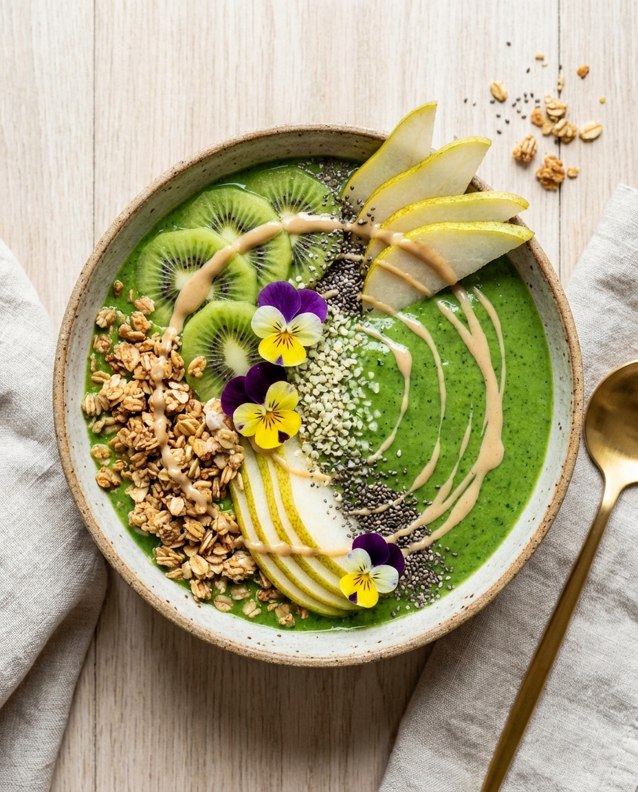 Green Goddess Smoothie Bowl with Spinach, Pear & Kiwi