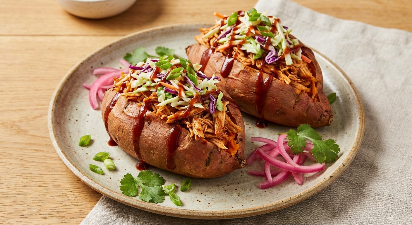 BBQ Chicken Stuffed Sweet Potatoes with Coleslaw
