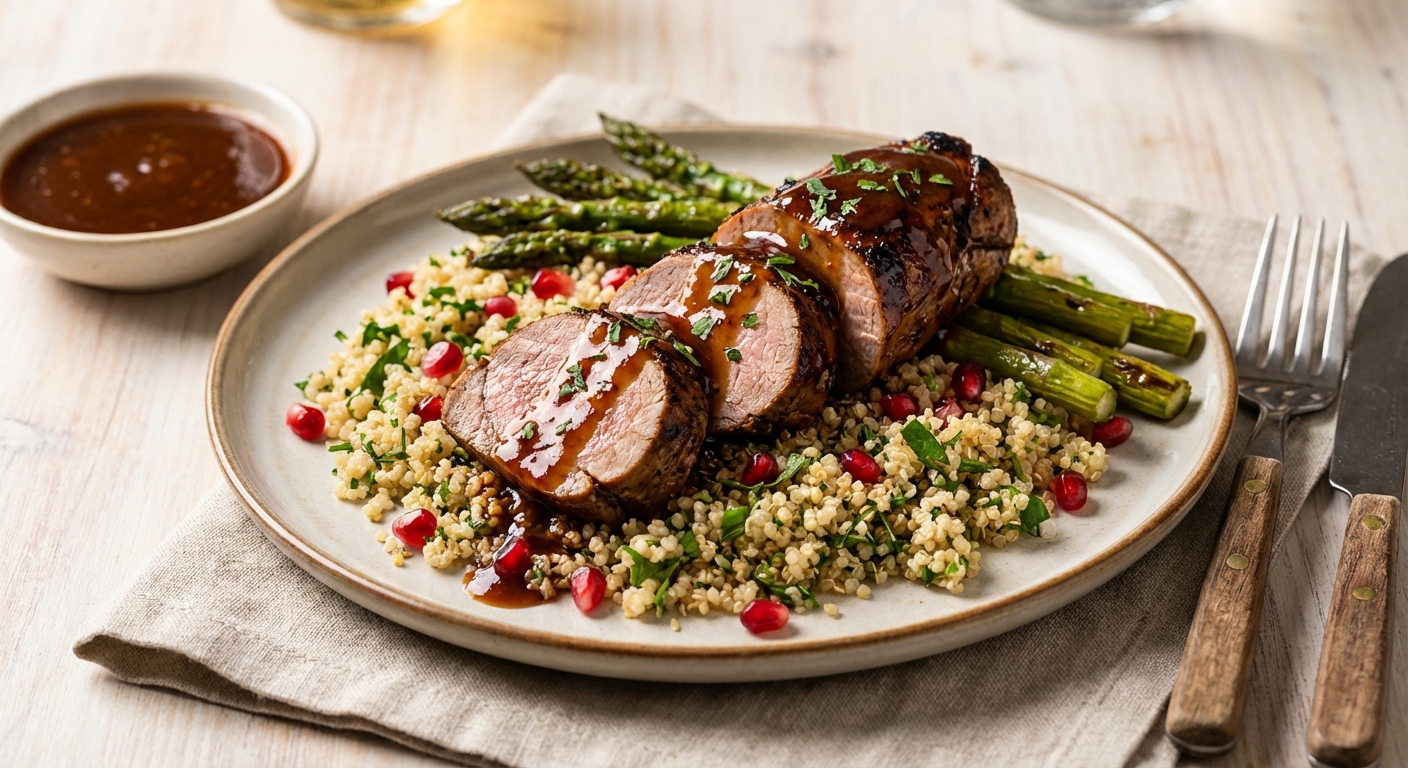 Sticky Tamarind–Maple Pork Tenderloin with Spring Herb Quinoa, Roasted Asparagus & Pomegranate