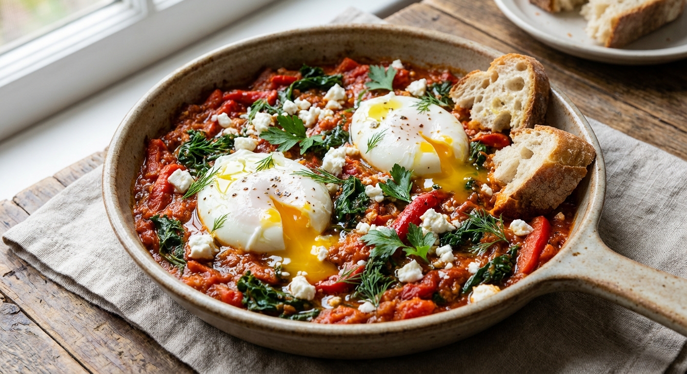 Winter Shakshuka with Kale, Roasted Red Pepper & Poached Eggs