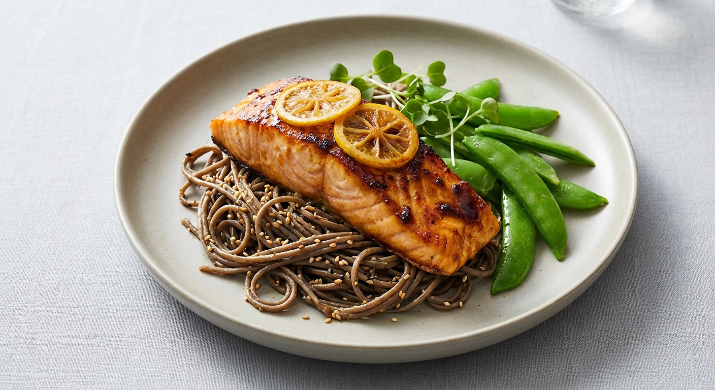 Citrus‑Miso Seared Salmon with Sesame Soba Noodles & Blanched Sugar Snap Peas
