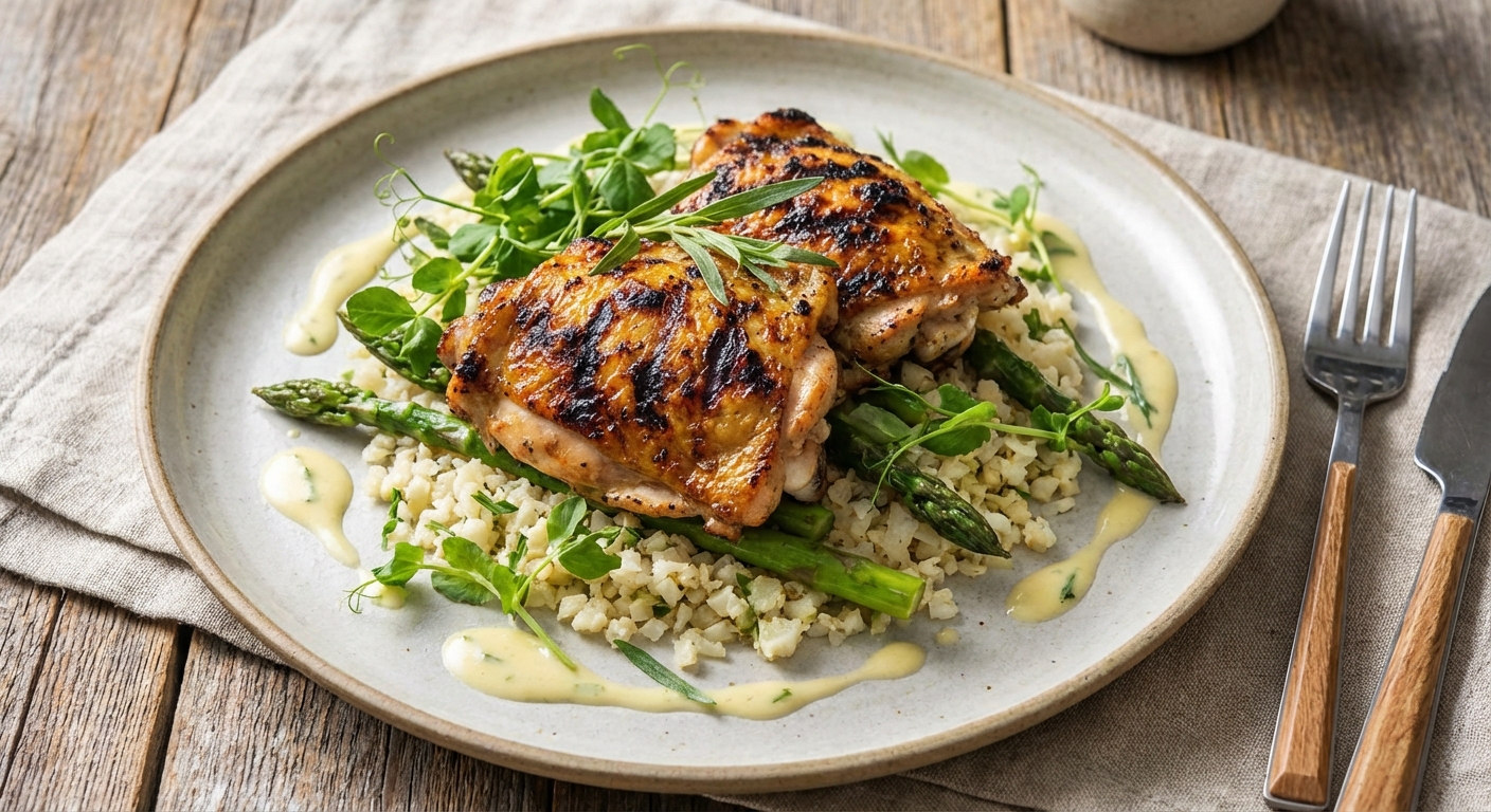 Grilled Lemon–Tarragon Chicken Thighs over Warm Asparagus & Cauliflower Rice with Pea Shoots