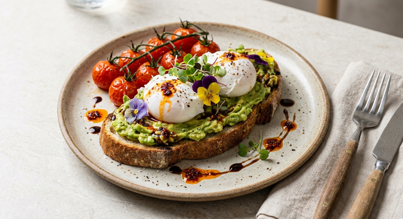 Avocado Toast with Poached Eggs & Cherry Tomatoes