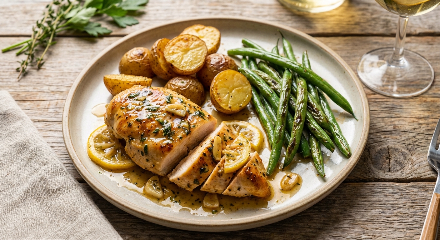 Pan-Seared Herb-Butter Chicken with Lemon-Garlic Pan Sauce, Roasted Baby Potatoes & Tender Green Beans