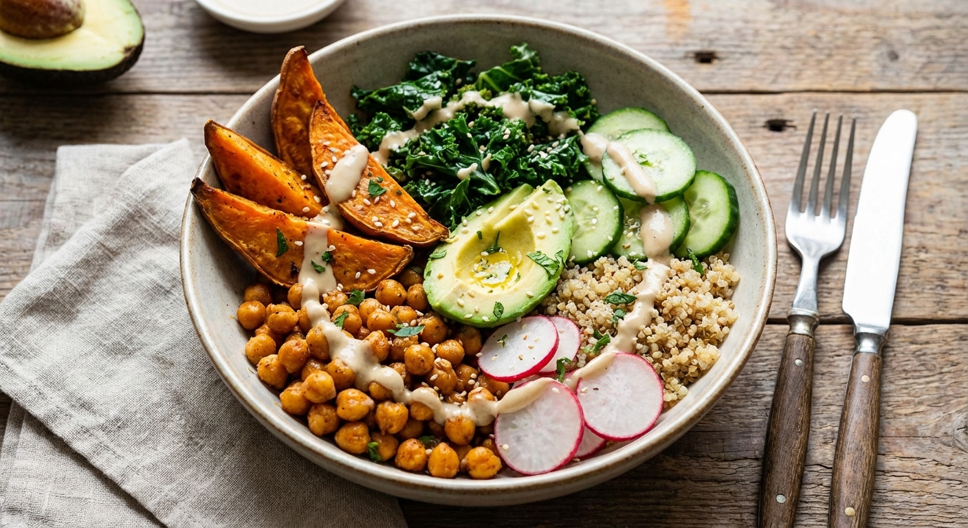 Chickpea & Roast Sweet Potato Buddha Bowl with Tahini Dressing
