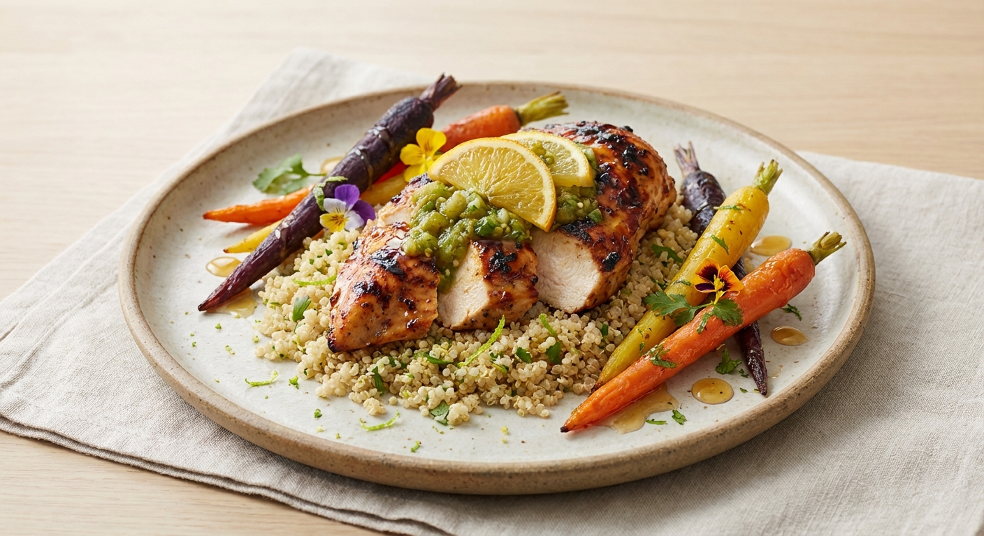 Charred Citrus-Tomatillo Grilled Chicken with Cilantro Quinoa and Honey-Roasted Rainbow Carrots