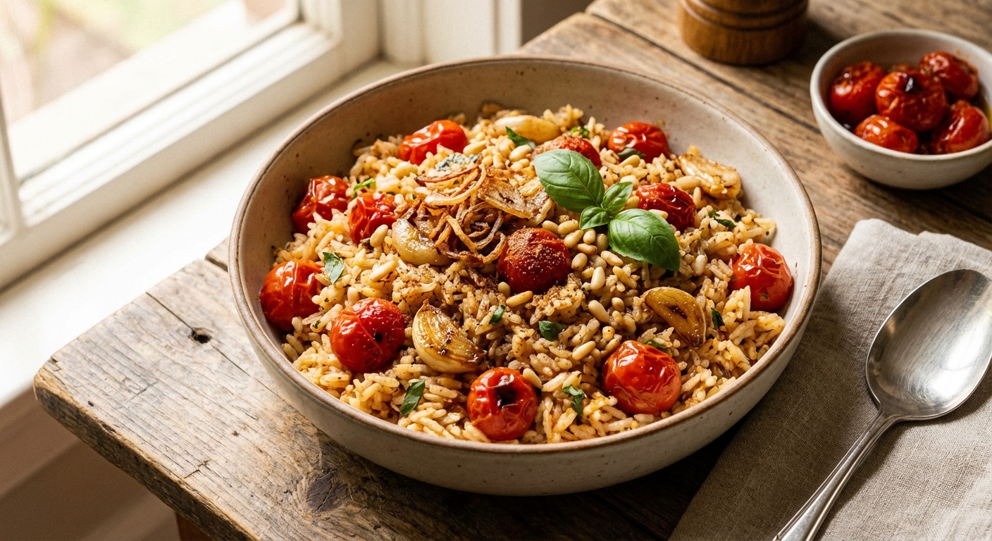 Tomato–Garlic Rice Pilaf with Warm Nutmeg