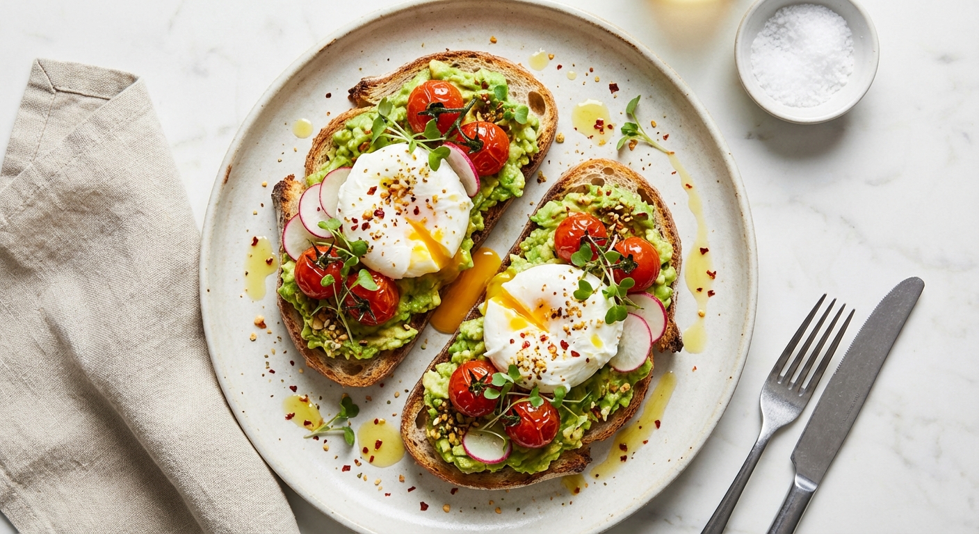 Avocado Toast with Poached Eggs and Cherry Tomatoes
