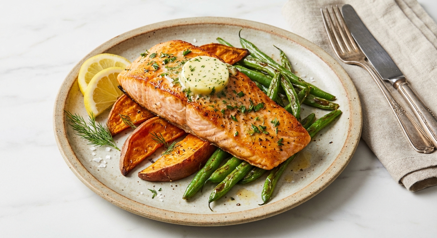 Baked Salmon with Garlic-Herb Butter, Roasted Sweet Potato & Green Beans
