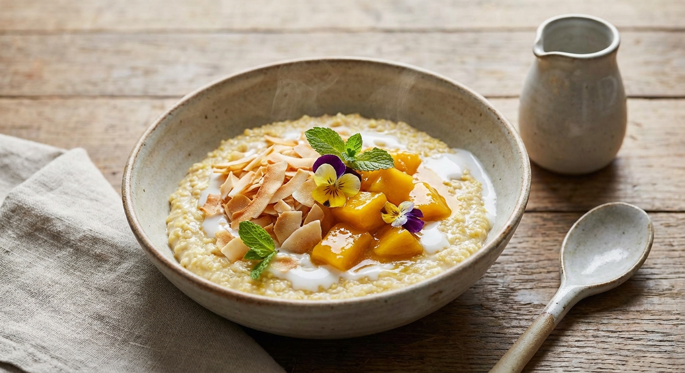 Warm Millet Porridge with Toasted Coconut & Mango Compote