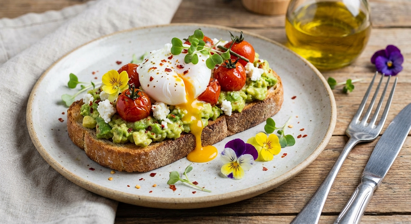 Smashed Avocado Toast with Cherry Tomatoes, Feta & Poached Egg