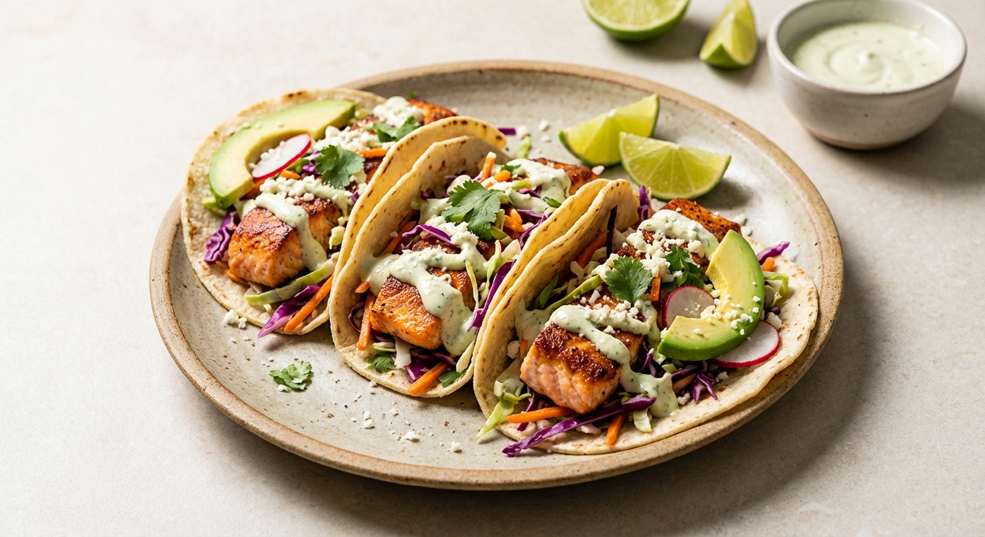 Pan-seared Salmon Tacos with Cabbage Slaw & Lime Crema