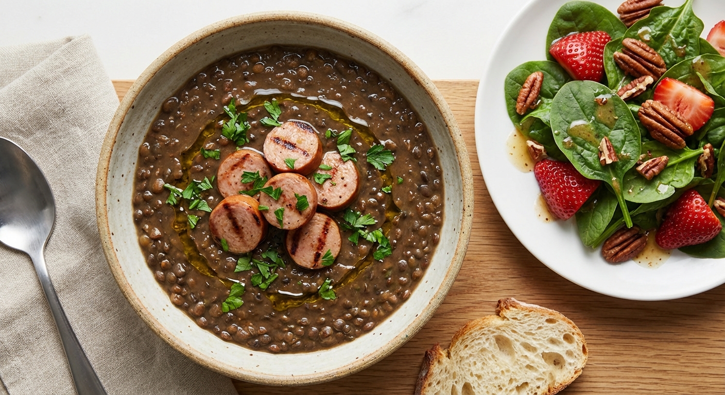 Hearty Lentil Soup with Turkey Sausage and Bright Spinach Salad