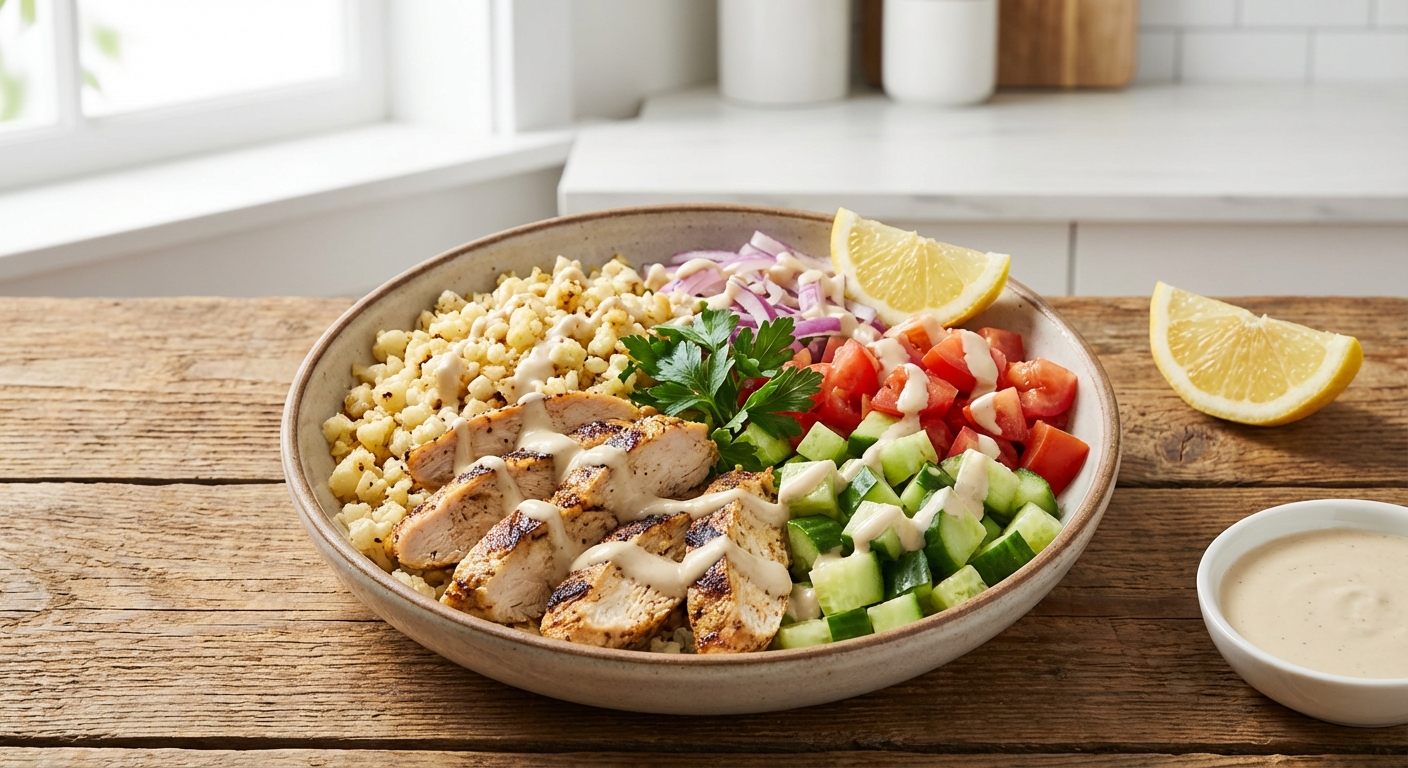 Chicken Shawarma Bowl with Cauliflower Rice & Tahini