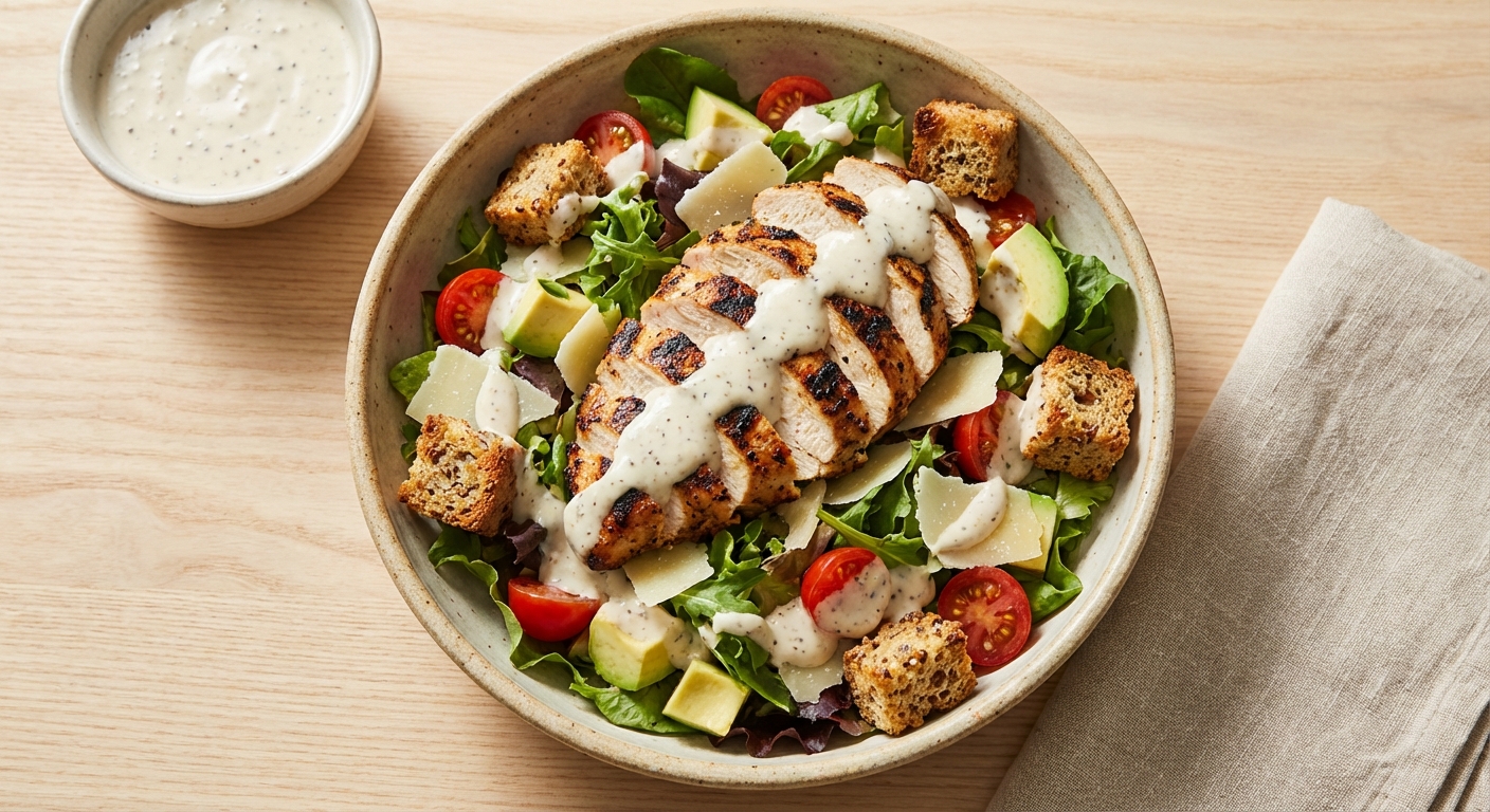 Grilled Chicken Salad with Yogurt Caesar (Egg-Free) & Whole-Grain Croutons