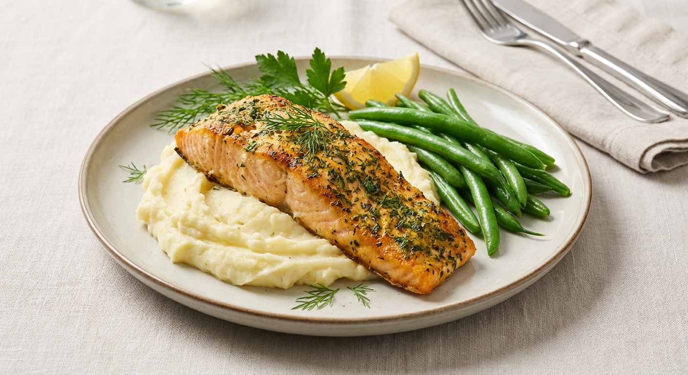 Baked Herb-Crusted Salmon, Garlic Mashed Potatoes, Steamed Green Beans